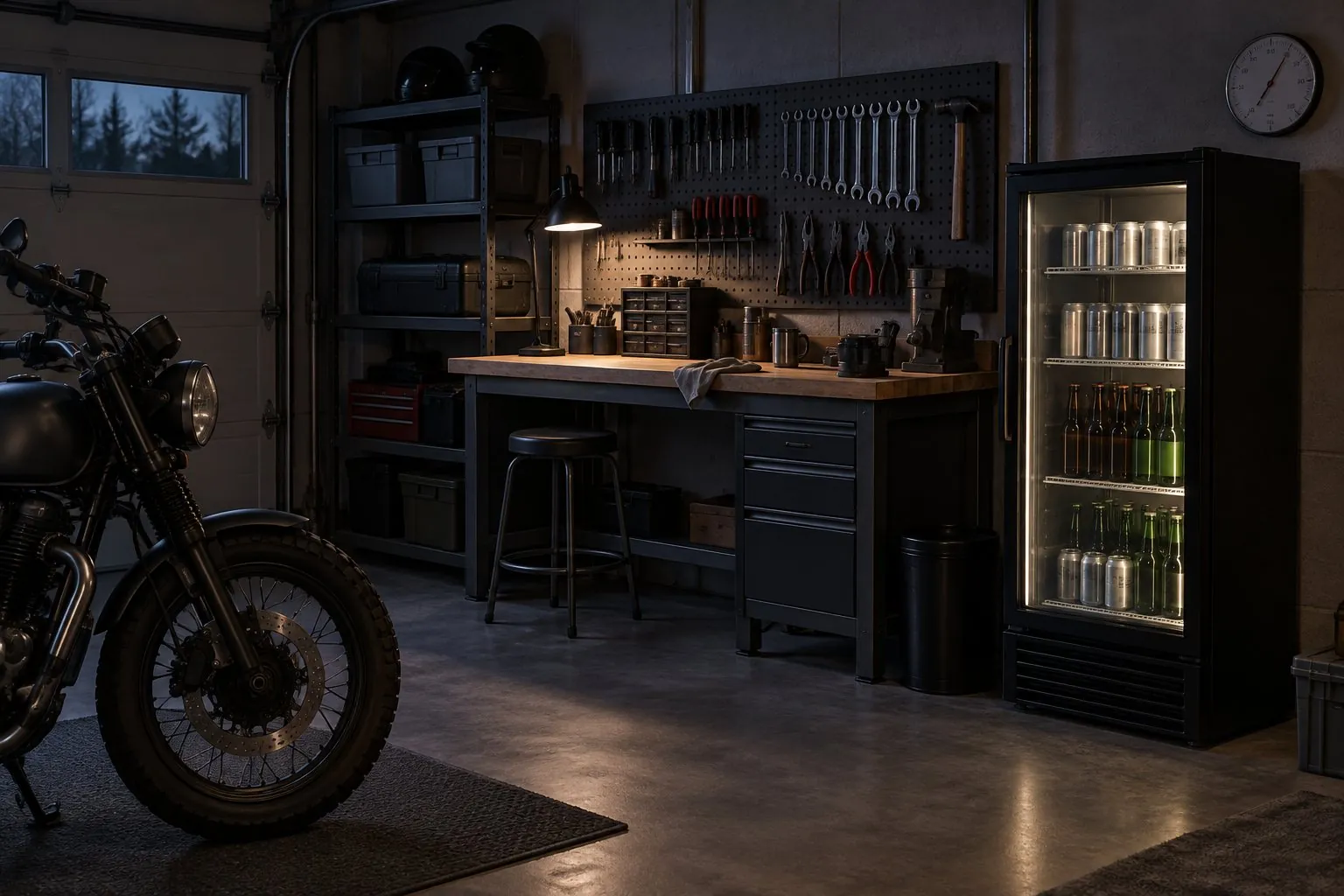 Symbolbild (KI-generiert): Garage mit Werkbank, Werkzeugwand und Motorrad im Halbdunkel; rechts an der Wand ein Getränkekühlschrank mit Glastür, Dosen und Flaschen, darüber ein Wandthermometer