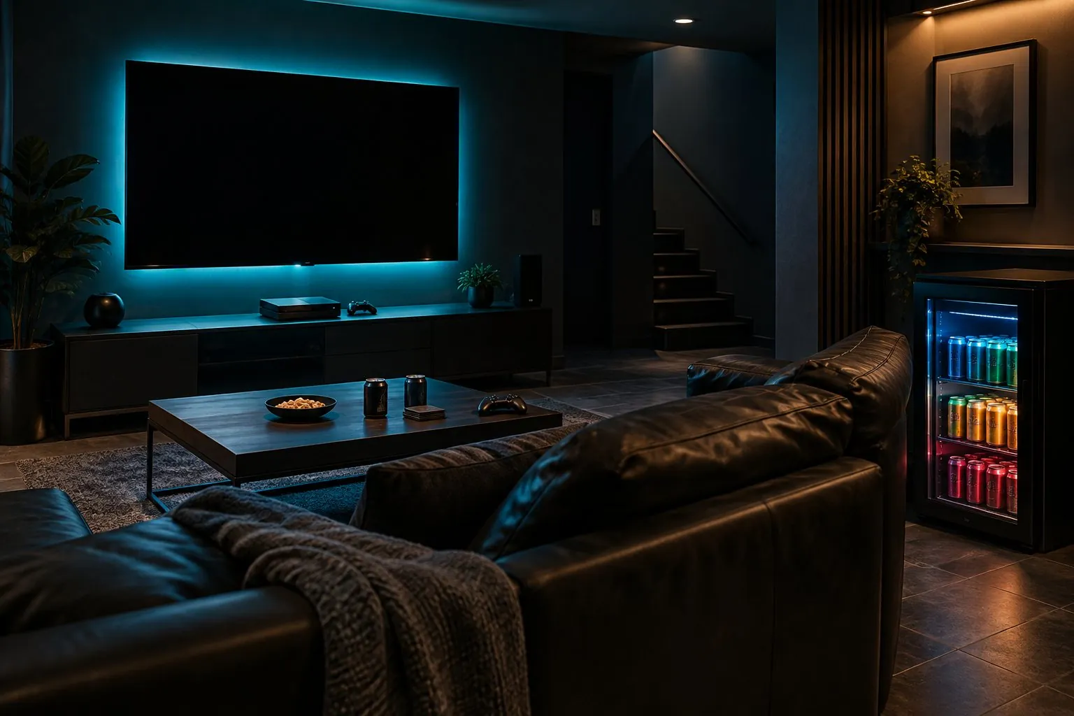 Symbolbild (KI-generiert): Kellerraum mit Ledersofa, großem Fernseher mit cyanfarbener Hintergrundbeleuchtung und Spielkonsole; rechts neben dem Sofa ein kompakter Glastür-Kühlschrank mit bunt beleuchteten Dosen