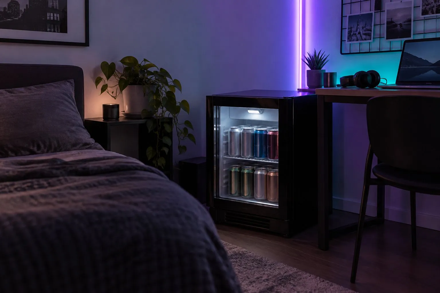 Symbolbild (KI-generiert): Schlafzimmerecke am Abend mit Bett und Schreibtisch; dazwischen ein kleiner schwarzer Kühlschrank mit Glastür und Dosen, an der Wand violettes und türkises LED-Licht