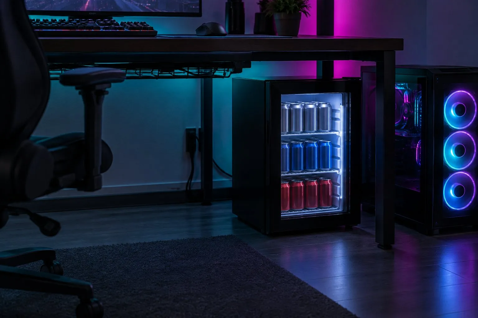Symbolbild (KI-generiert): kleiner Glastür-Kühlschrank mit Dosen unter einem Gaming-Schreibtisch, daneben mit Abstand ein PC-Gehäuse mit RGB-Lüftern