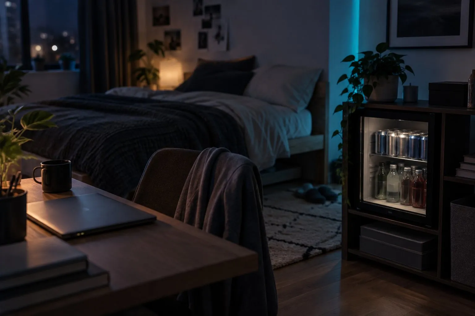 Symbolbild (KI-generiert): Studentenzimmer bei Nacht mit Bett im Hintergrund und Schreibtisch mit Laptop; rechts ein Mini-Kühlschrank mit Glastür in einem niedrigen Regal
